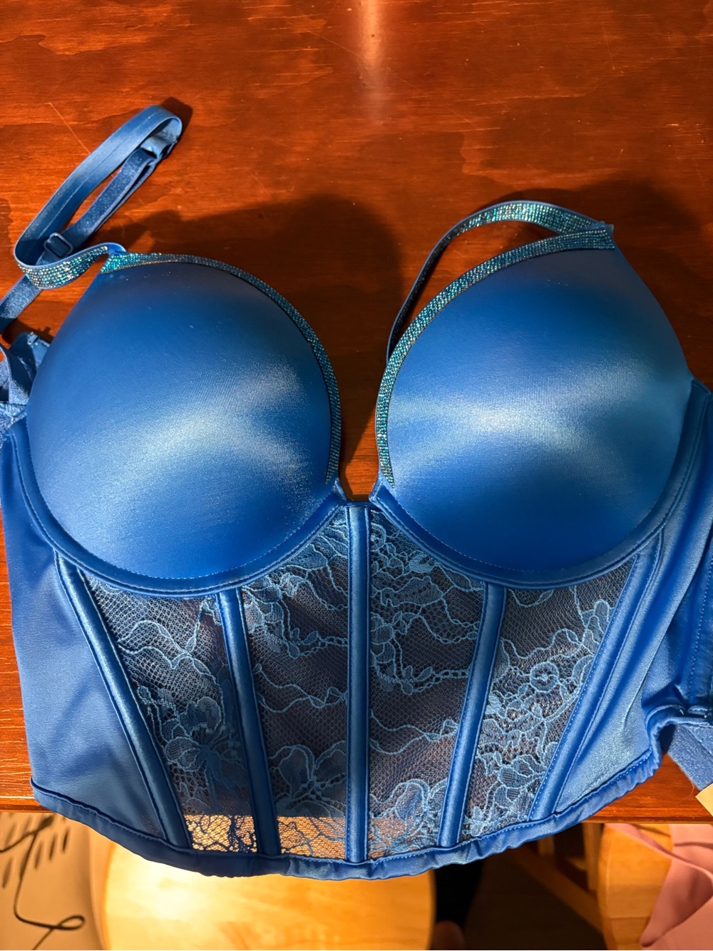 Victoria's Secret Teal Blue Satin Lace Longline Bustier Bra